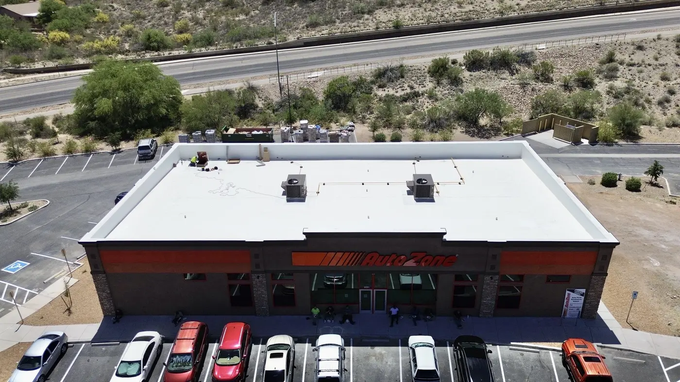 Aerial view of a commercial low-slope roof in Arizona
